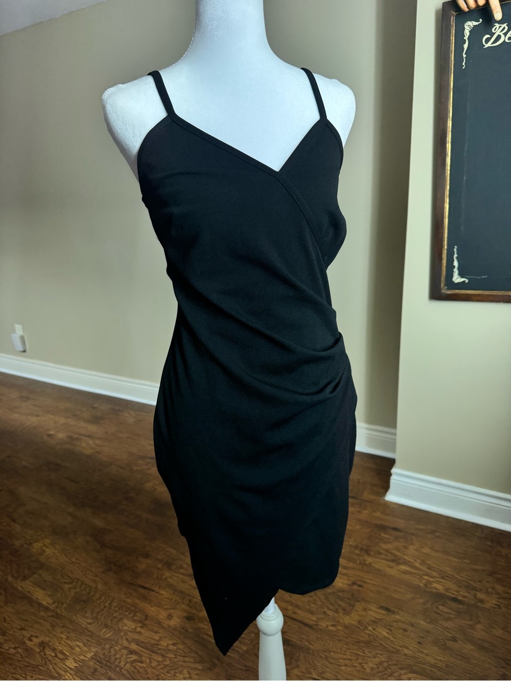 Venus XS Black Ruched Wrap Asymmetrical Bodycon Midi Dress Y2K